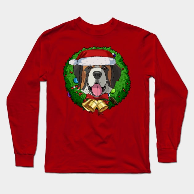 St Bernard Santa Christmas Wreath Long Sleeve T-Shirt by Noseking